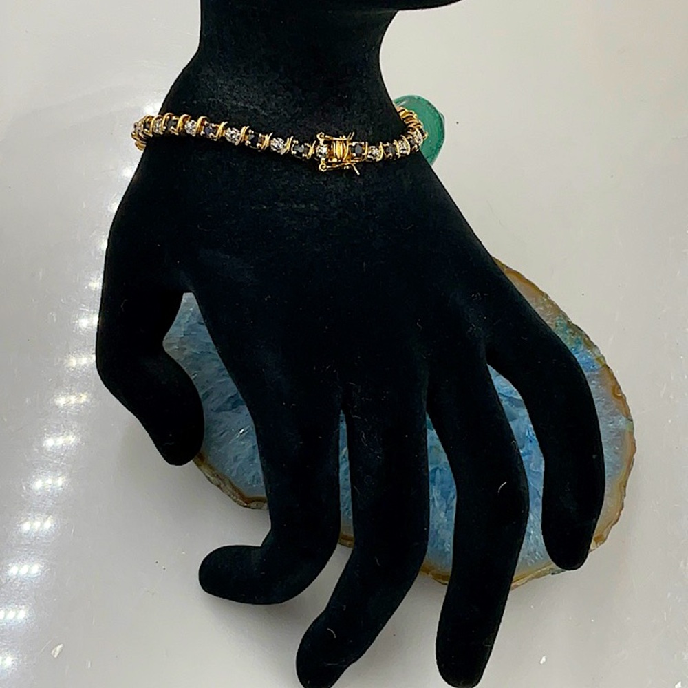 7 1/2” 12KGoldOver Sterling Silver(925) Midnight Blue Sapphire&Diamond Bracelet